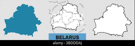 Belarus maps vector set on transparent background. Solid map, map highlighting administrative divisions and neighboring countries, outline map. Maps Stock Vector