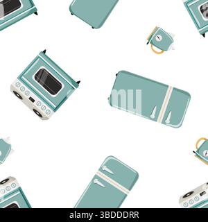 Seamless pattern with retro stove, fridge and kettle Stock Vector