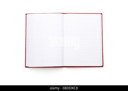Open blank book with lines and red cover, isolated on white Stock Photo