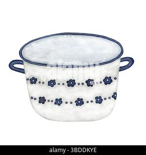 A watercolor illustration of a white, lidless pot with blue floral patterns and blue handles on a white background. The detailed design highlights its Stock Photo