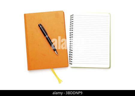 Two diaries with ball pen, bookmark, ring binder, one open, one closed Stock Photo