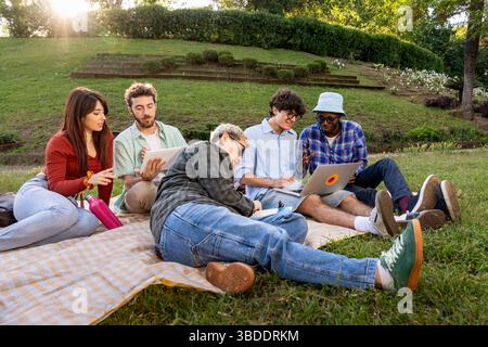 Group of diverse young adults studying and working together with laptops and tablets in a park on a sunny afternoon, teamwork and creativity outdoors Stock Photo