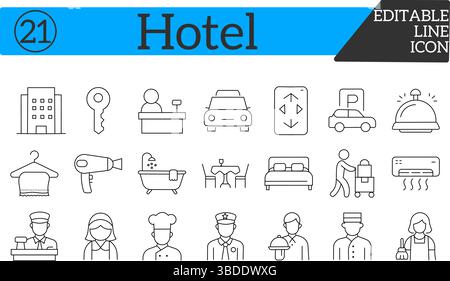 Editable Hotel Staff & Facility Icons – Line-style pictograms for hotel reception, bellhop, valet, housekeeping, and more. Stock Vector