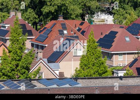 several houses with red-tiled roofs, each equipped with solar panels. The homes are surrounded by greenery and trees Stock Photo