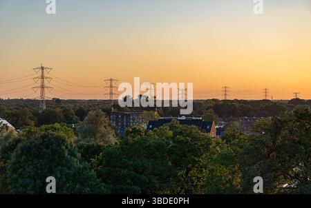 landscape at sunset, with several high-voltage power transmission towers stretching across the horizon, foreground includes green trees Stock Photo