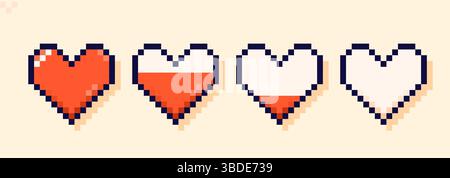 Energy lives line bar in hearts form drawn in pixel art 8 bit style. Stock Vector