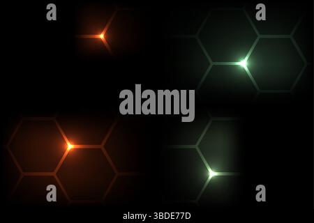 Abstract technology background dark hexagon with orange and green color bright flashes on the hexagon border, vector illustration Stock Vector
