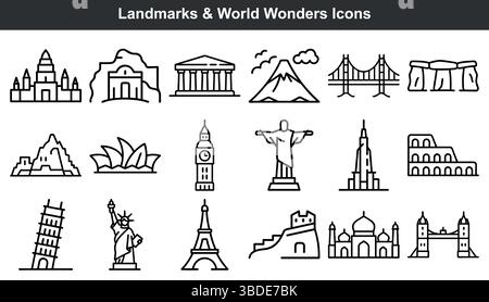 World landmarks and wonders icon set line art Stock Vector