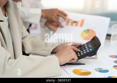 Business team calculate benefit, working woman, spreadsheets, graph financial development, bank accounts, statistics, economy, data analysis, investme Stock Photo