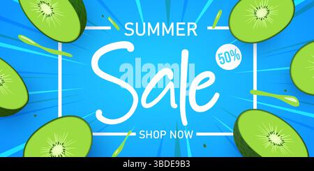 Summer Sale poster or banner template with Colorful slices of Kiwi fruit. Promotion and shopping template for Summer season. Vector illustration Stock Vector