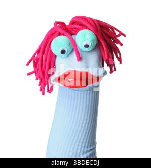 Funny sock puppet with hair isolated on white Stock Photo