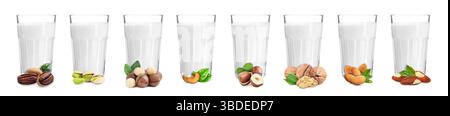 Different types of nut milk in glasses isolated on white, set Stock Photo