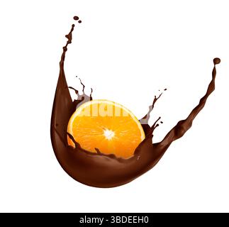 Chocolate splash with juicy orange in air on white background Stock Photo