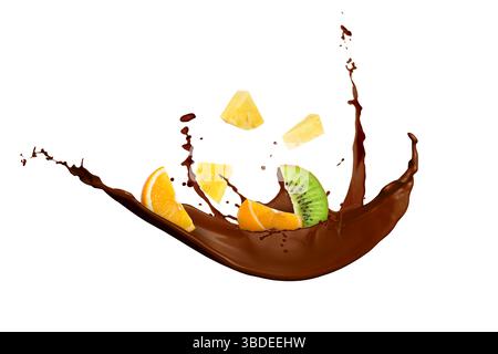 Chocolate splash with juicy fruits in air on white background Stock Photo