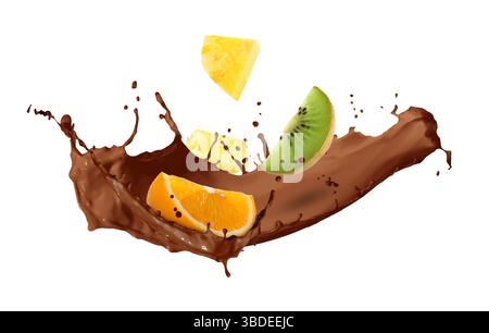 Chocolate splash with juicy fruits in air on white background Stock Photo