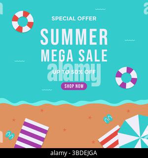Summer sale poster template on top view beach background. Summer sale background template for advertisement and social media post Stock Vector