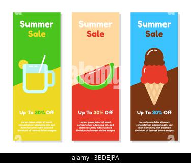 Summer sale vertical banner collection set with lemonade, watermelon, and ice cream Stock Vector