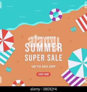 Summer sale poster template on top view beach background. Summer sale background template for advertisement and social media post Stock Vector