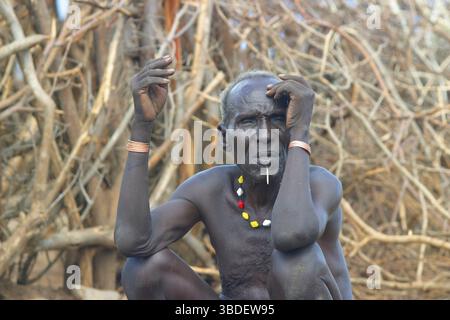 Old blind Toposa man with lip peg, Old he Toposa man with lip peg, Nyanyagachor, Sudan Stock Photo