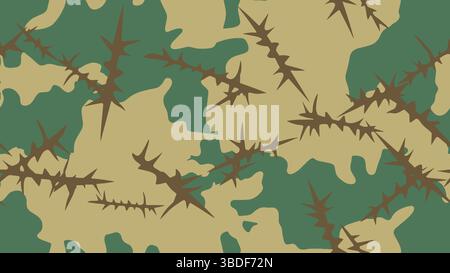 Vector camouflage pattern background with barbed wire. Hunting gear, tactical gear, Use for military purpose Stock Vector