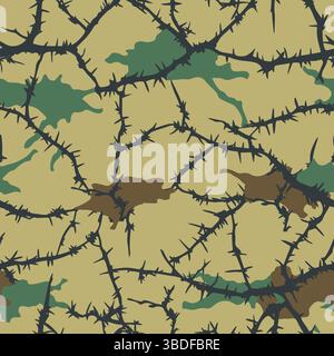 A seamless barbed wire camouflage pattern in earthy tones, perfect for hunting, training, and military use, blending seamlessly into rugged outdoor Stock Vector