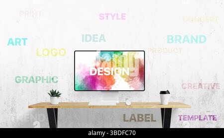 Office setup with digital screen and white wall filled with design-related terms like idea, logo, brand, and art – a visual language of creativity Stock Photo