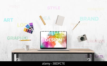 Vibrant design scene with floating art supplies and inspirational keywords on the wall behind a laptop workspace, capturing creative process in motion Stock Photo