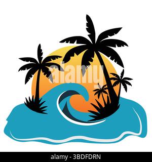 Tropical Island with Palm Trees and Wave – T-Shirt Vector Illustration Design Stock Vector