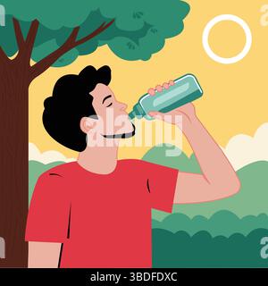 Man Drinking Water in Park – Flat Style Vector Illustration for Wellness and Hydration Stock Vector