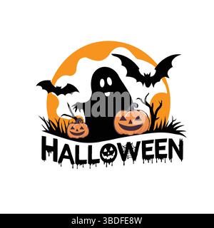 Happy Halloween Silhouette T-Shirt Design – Ghost, Smiley Pumpkin & Flying Bats Vector on White Background Stock Vector