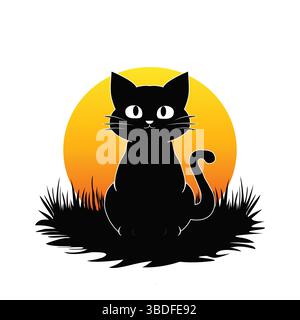 Halloween Cat Silhouette at Sunset – Vector Illustration Isolated on White Background Stock Vector