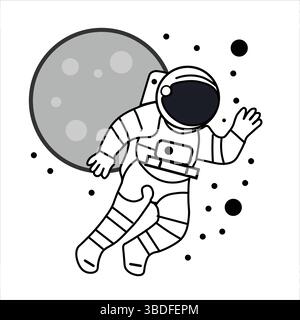 Astronaut Spacewalk Vector Illustration – Moon in Background Outer Space Scene Stock Vector