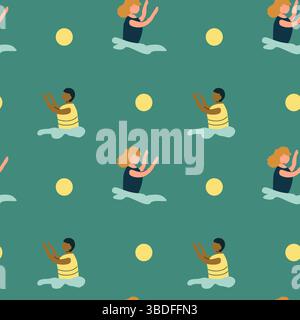 Seamless pattern of diverse people meditating with yoga poses and dots on green background. Stock Vector