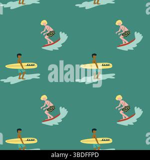 Seamless surf pattern with surfers on waves in vibrant colors. Stock Vector