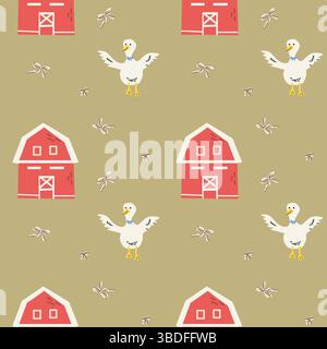 Charming cottage decor pattern with ducks barns and dragonflies for rustic design. Stock Vector