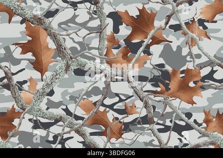 Camouflage seamless pattern. Forest real oak tree camouflage design. Hunting camouflage. Army hunting camouflage background. Digital camo Stock Vector