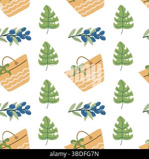 Summer vacation sticker pattern with tropical leaves and beach bags for crafting. Stock Vector