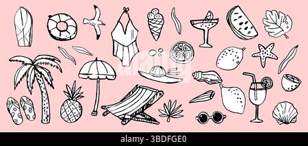 Summer beach vibes: tropical elements and refreshing drinks in black and white doodles. dolce vita summer doodle vector illustration. Italian style. Stock Vector