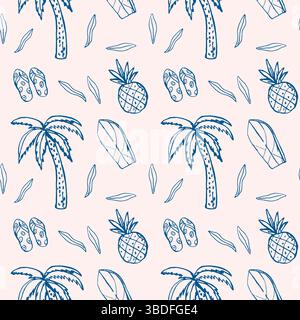 Tropical seamless pattern with palm trees, pineapples, flip flops, leaves, and surfboards. dolce vita summer doodle vector illustration. Italian style Stock Vector