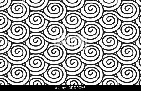 Seamless Black and White Spiral Swirl Pattern Background. Abstract Modern Monochrome Repeating Curl Texture, Dynamic Optical Art Black and White. Stock Vector