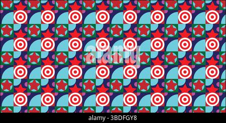 Vibrant Seamless Geometric Pattern with Stars and Circles, Abstract Modern Pop Art Repeat Background in Bold Colors, Colorful Playful Design. Stock Vector