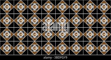 Seamless Geometric Tile Pattern with Black, Gold, and White Elements,  Modern Abstract Diamond and Square Design in Earth Tones. Stock Vector