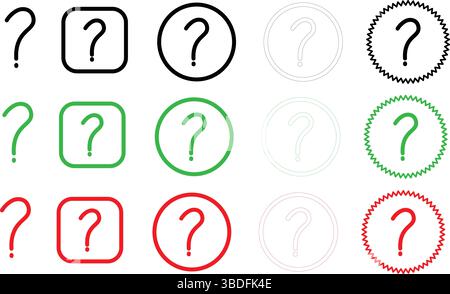 Question Mark Icon Set - Help and Information Symbols, Vector Question Graphics in Various Styles and Colors, Black, Green, and Red Question Mark . Stock Vector