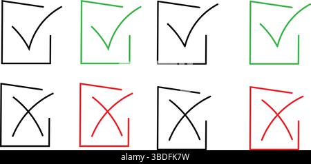 Green Tick and Red X Approval/Denial Symbols, Isolated Checkbox and Error Mark Collection, Modern UI/UX Correct and Incorrect Icons. Stock Vector