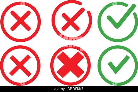 Red X Mark and Green Check mark Icons Set, Approve and Reject Vector Symbols for UI/UX, Colorful Tick and Cross Mark Graphic Collection. Stock Vector