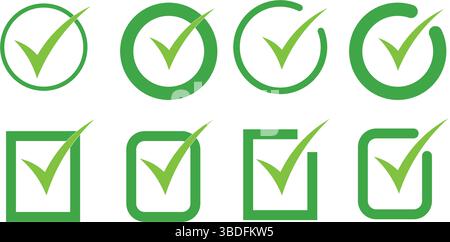 Green Check Mark Icons: Diverse Styles and Shapes, Positive, Confirmation Symbols: Circle and Square Check marks, Approval Tick. Stock Vector