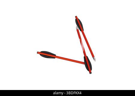 Three red aluminum crossbow bolts with black fletching and pointed metal tips, isolated on white background. Stock Photo