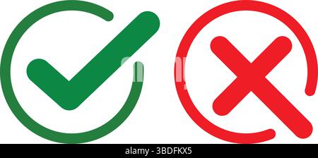 Green Check Red X Circle: Approval Denial Icons, Tick Mark and Cross Symbol: Status Indicator Graphic, Confirmation Error Icon Set: Modern UI Design. Stock Vector