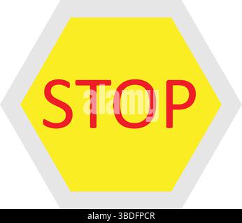 Yellow Hexagonal STOP Sign with Red Text, Modern Warning Stop Icon on Light Background, Isolated Abstract Stop Command Graphic. Stock Vector