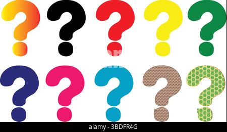 Assortment of Colorful Question Marks Isolated, Brightly Colored Question Mark Symbols Collection, Variety of Question Mark Icons - Inquiry Concept. Stock Vector